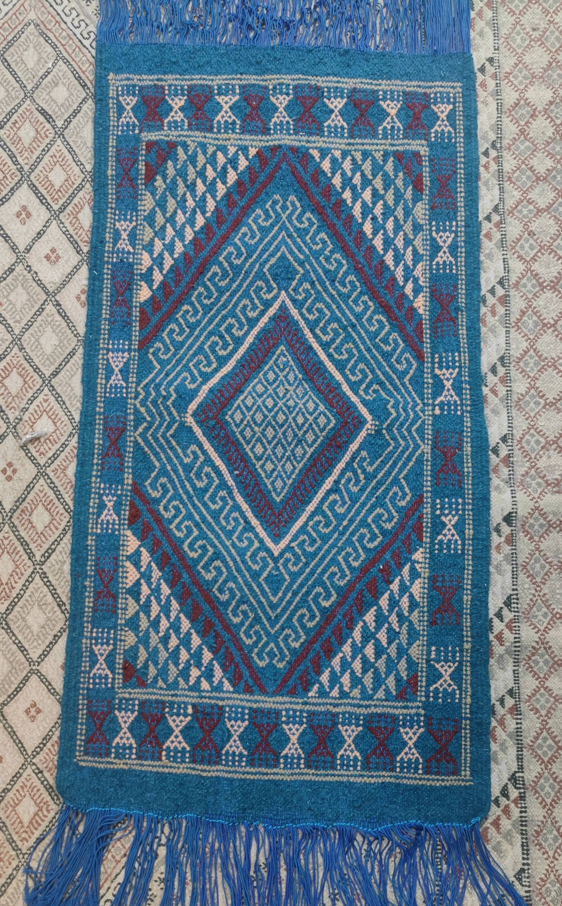 Handmade blue mergoum rug in natural wool