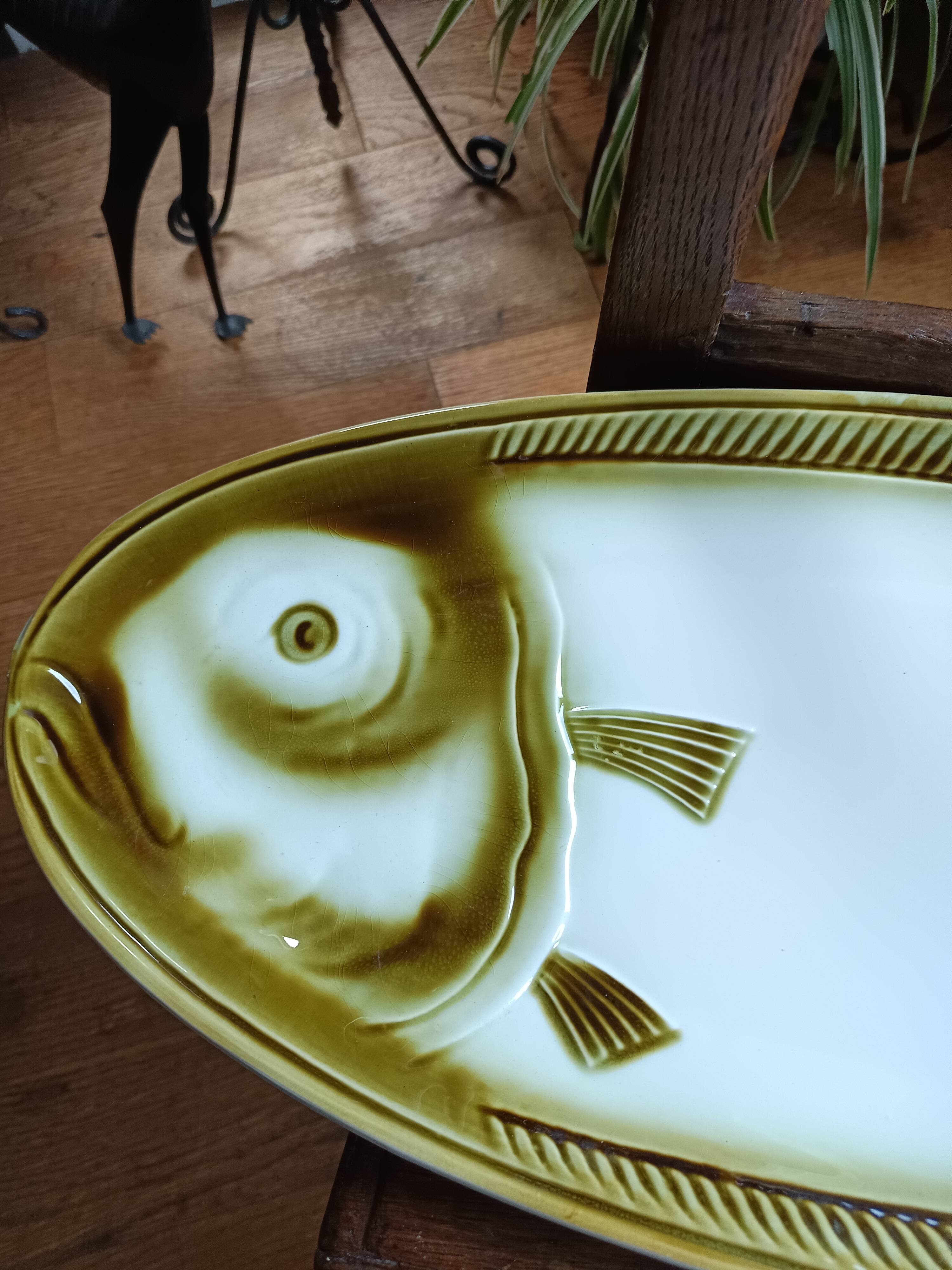 Large ceramic dish in the shape of a fish, Moulin des Loups brand