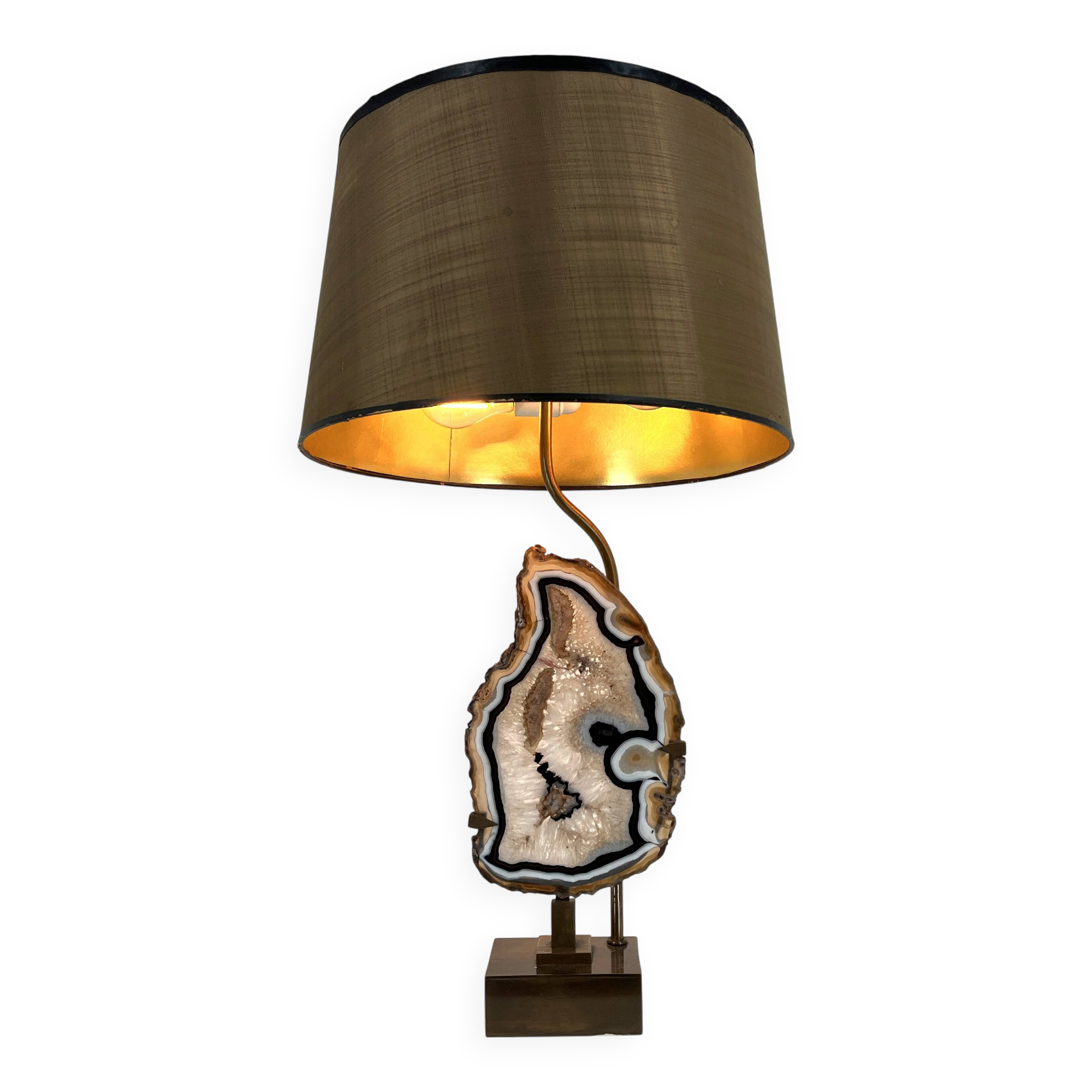 Lampe de table vintage en tranches d'agate en laiton, années 1970