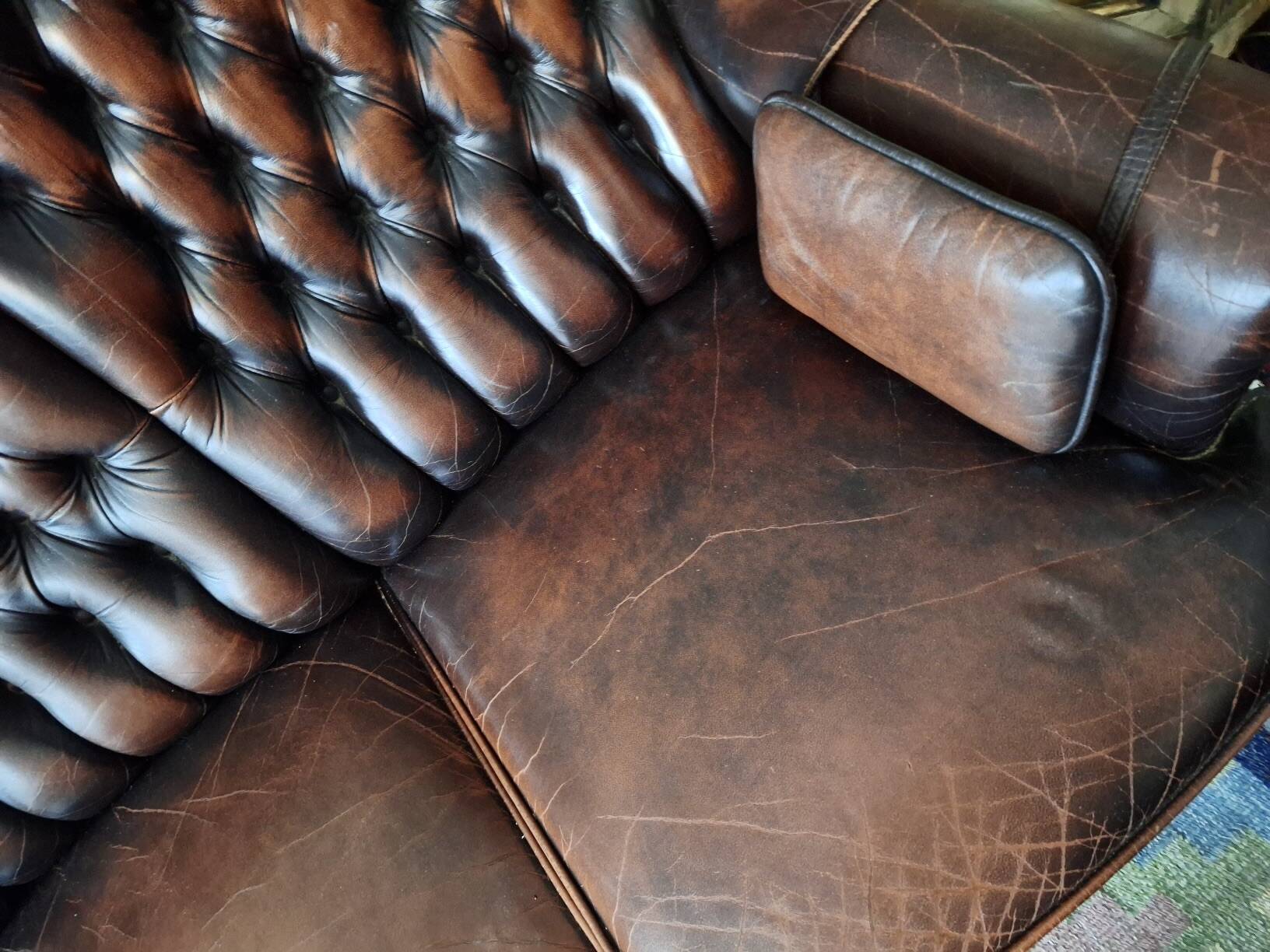 Chesterfield 3-seater chestnut coloured leather sofa