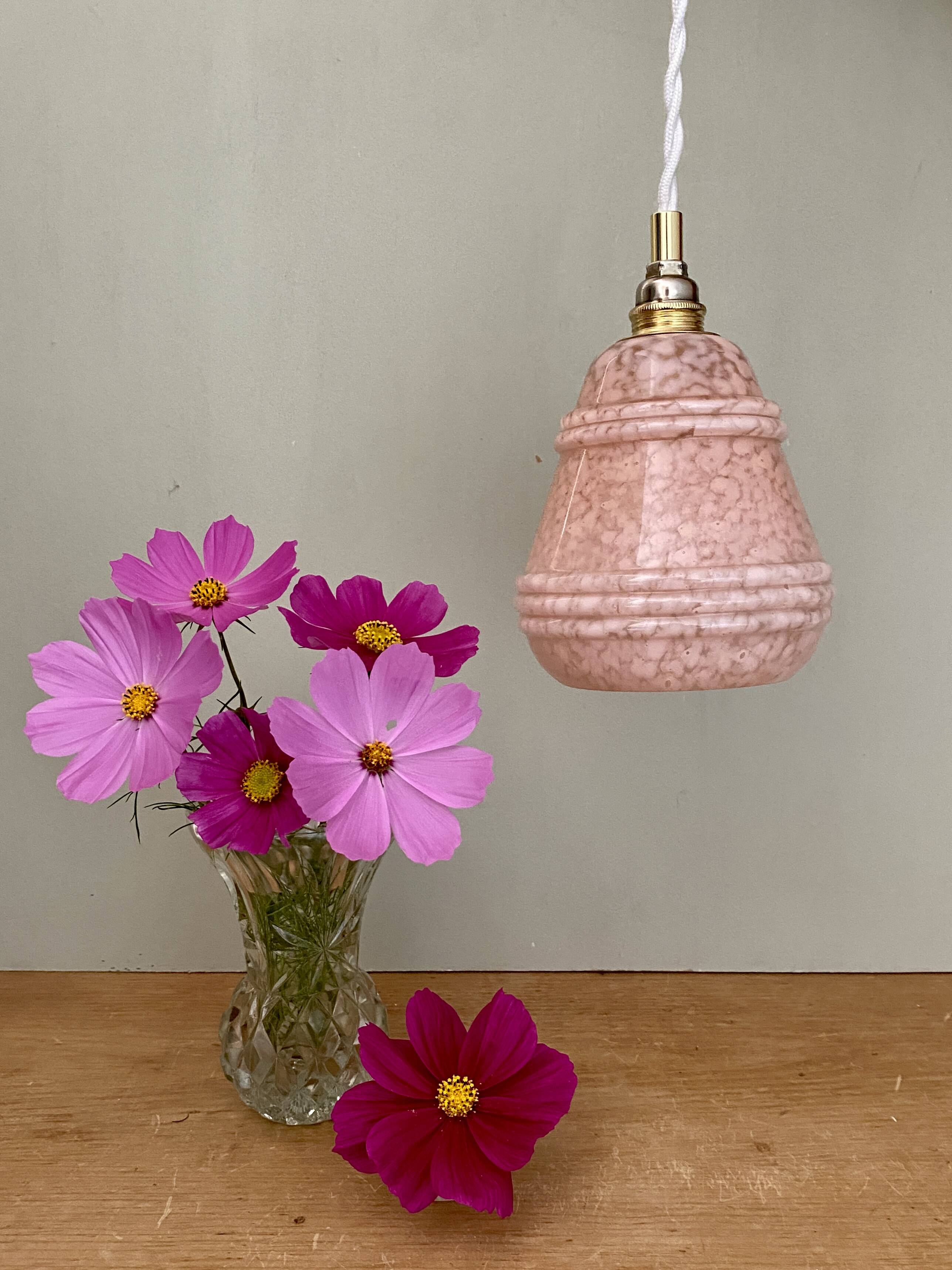 Vintage tulip pendant light in pink Clichy glass