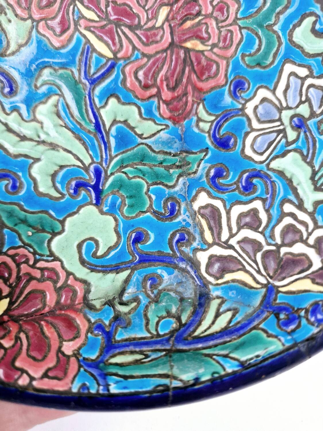 Old bowl on pedestal with raised edges art deco ceramic Longwy