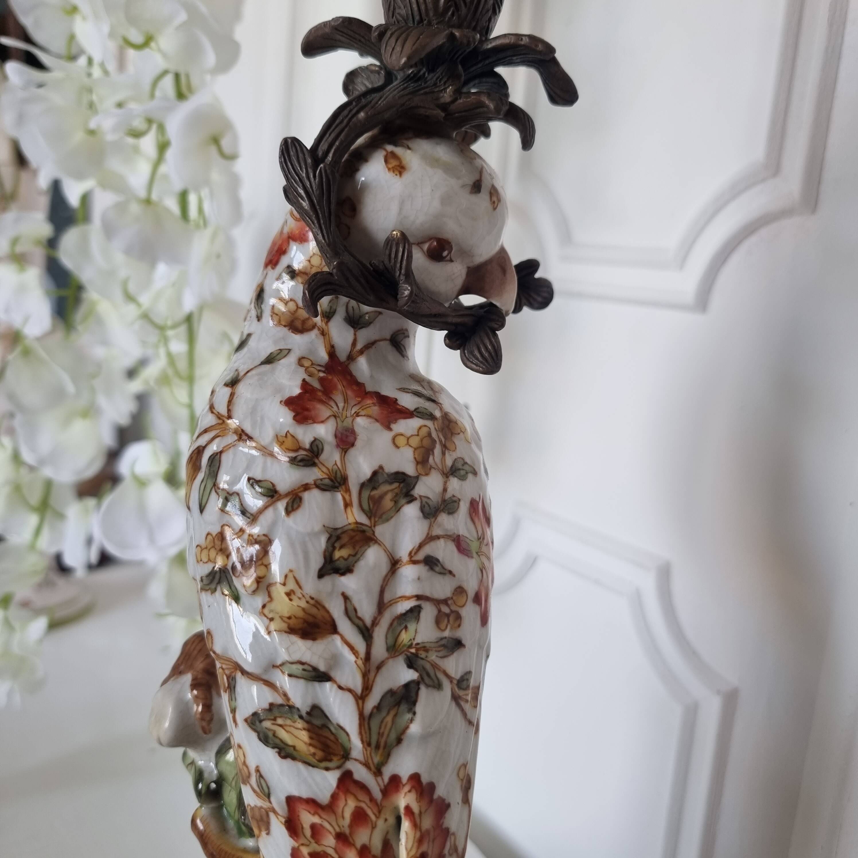 Parrot Candle Holder, Enameled Porcelain and Bronze, Late 19th Century