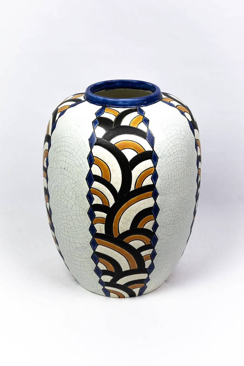 Art Deco vase from the Nimy pottery — geometric design, Belgium circa 1940.