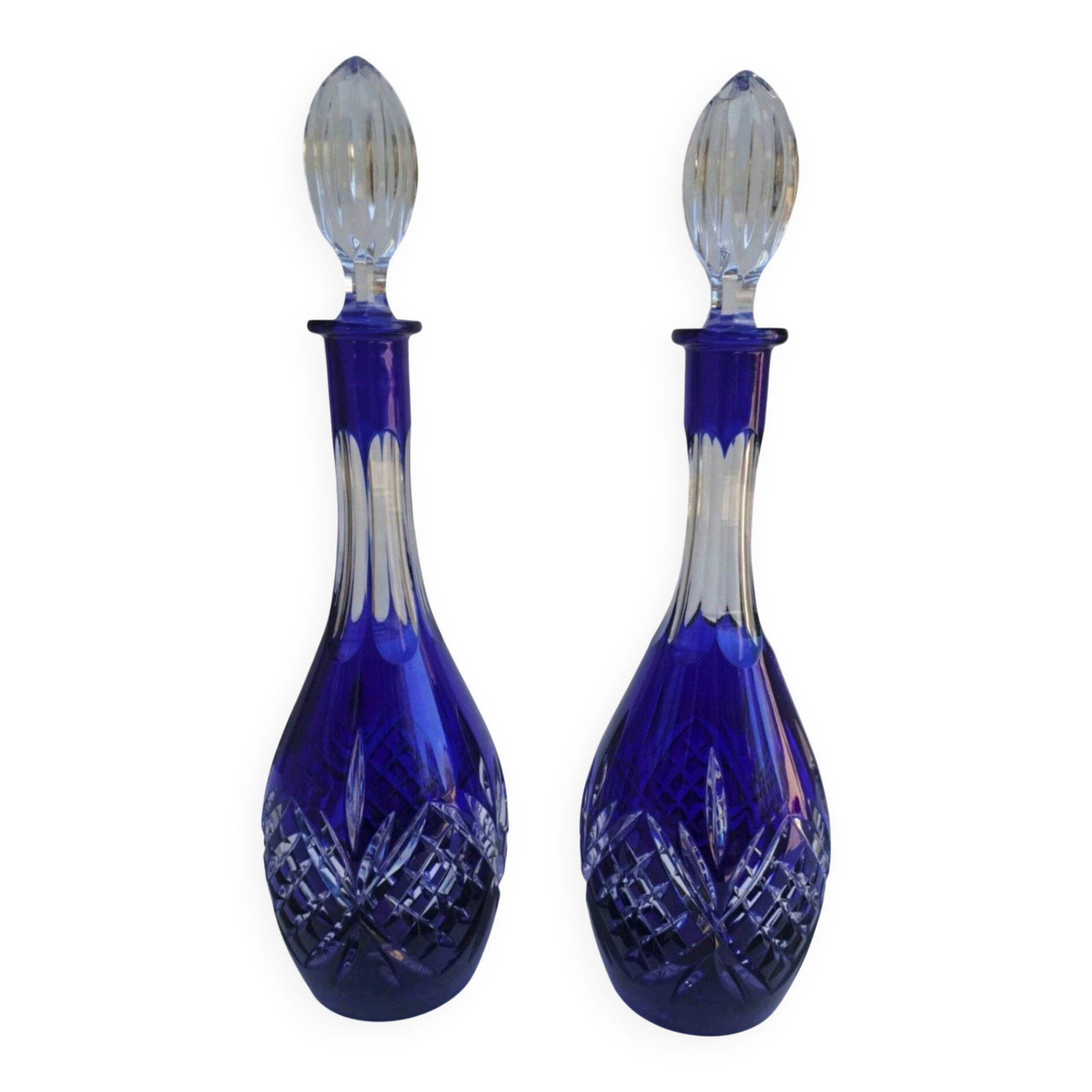 Pair of cobalt blue crystal carafes