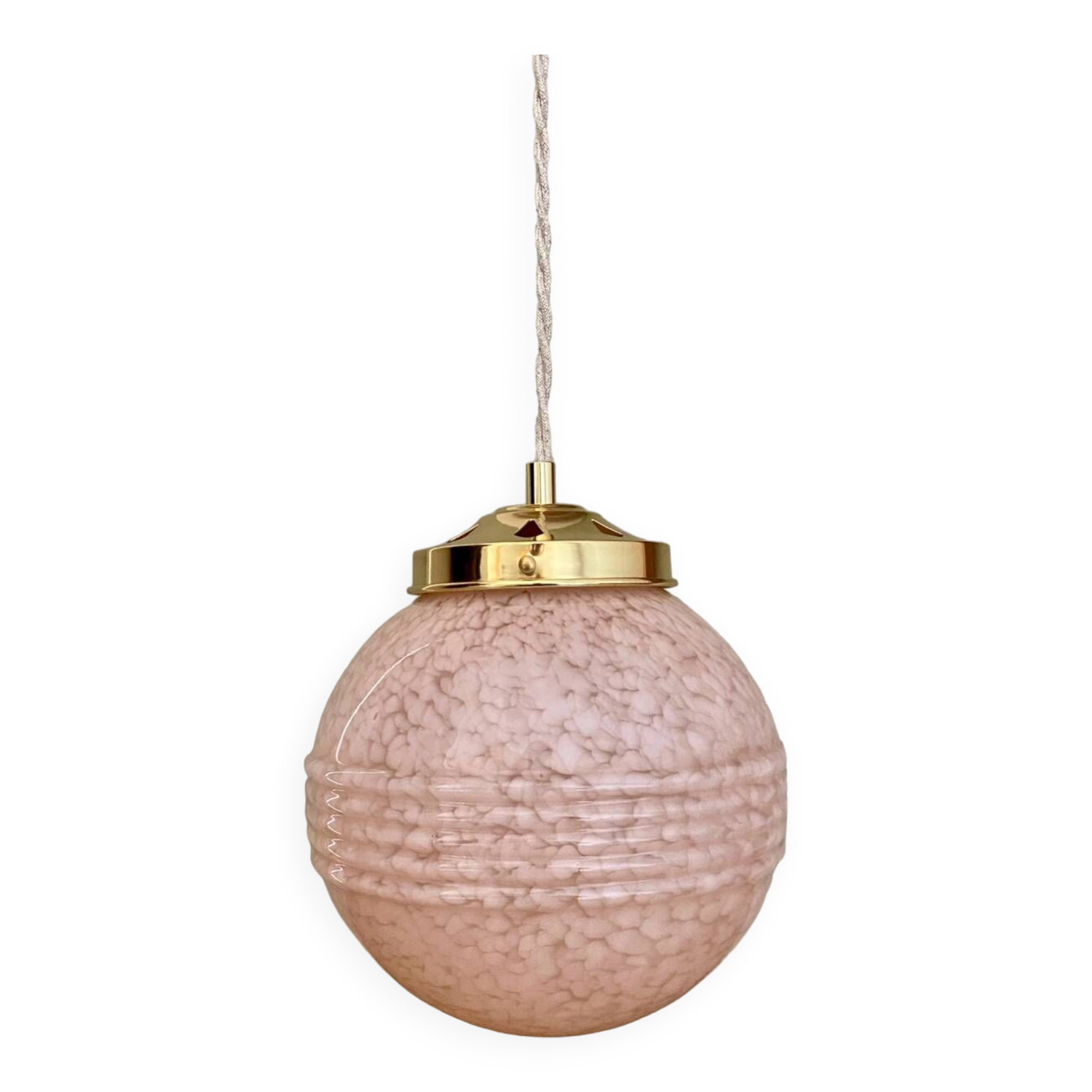 Vintage art deco globe pendant light in pale pink Clichy glass