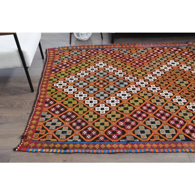 1970s Vintage Turkish Oushak Handmade Wool Cotton Orange Area Rug 179x353