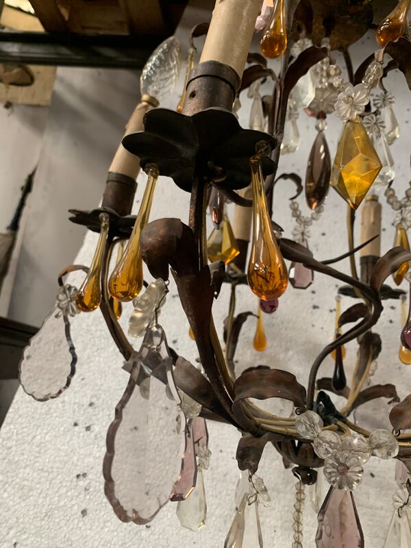 Lustre cage de style Louis XV a pendeloques et goutte d'eau XX siècle