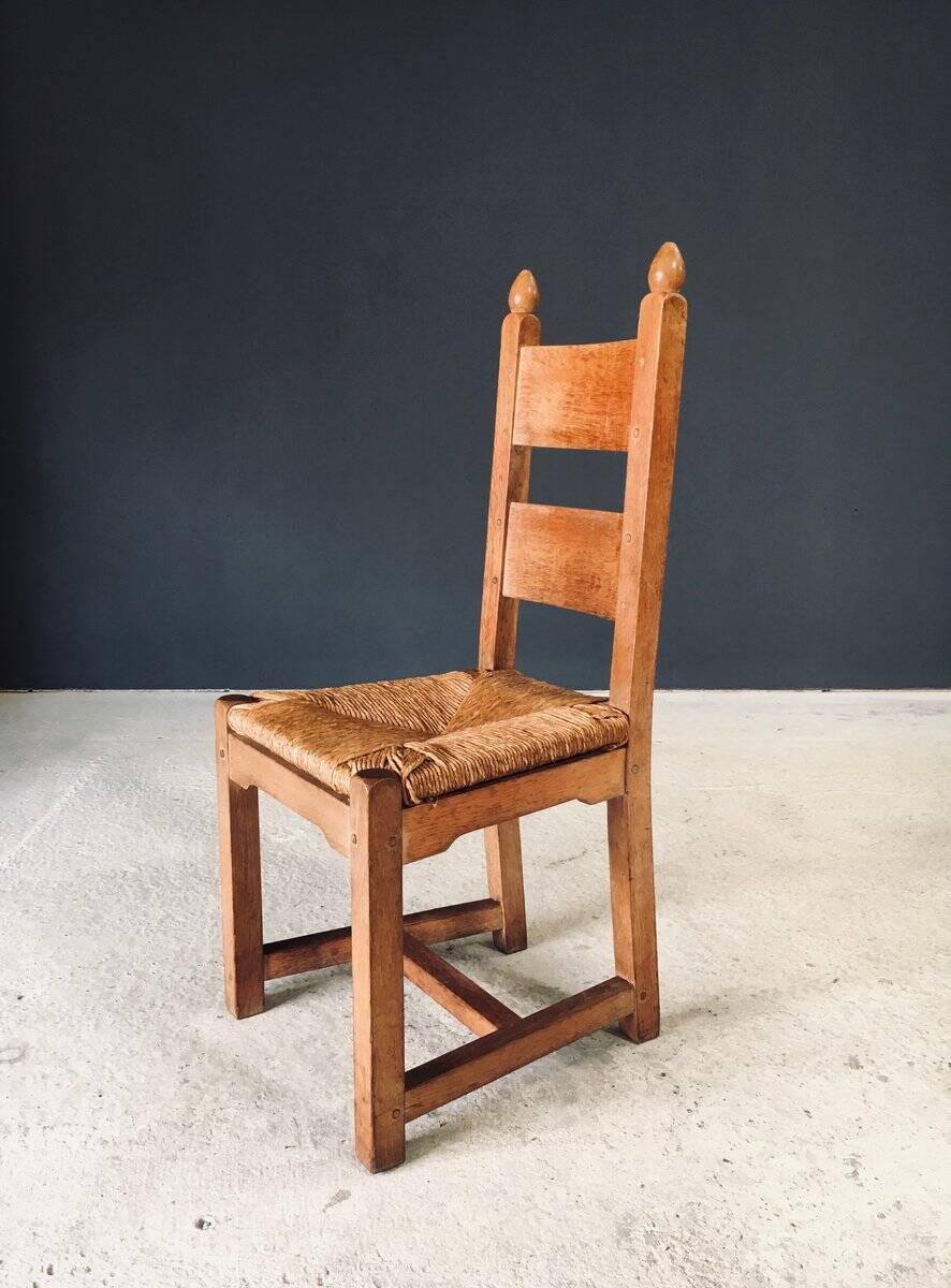 Handcrafted Oak and Rush Dining Chairs, Belgium, 1960s, Set of 6