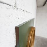 Unusual round wall mirror 60 cm teak edge on green rectangular board 1960.