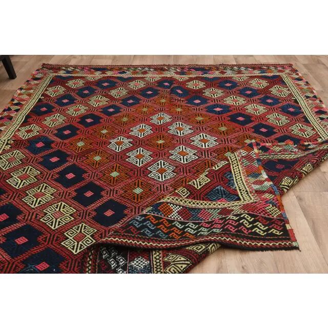 1970s Vintage Turkish Oushak Handmade Wool Cotton Red Kilim Rug 195x263