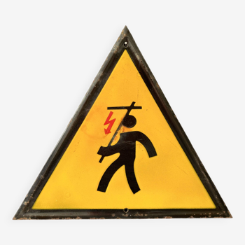 Yellow warning sign vintage european 1970's industrial enamel sign