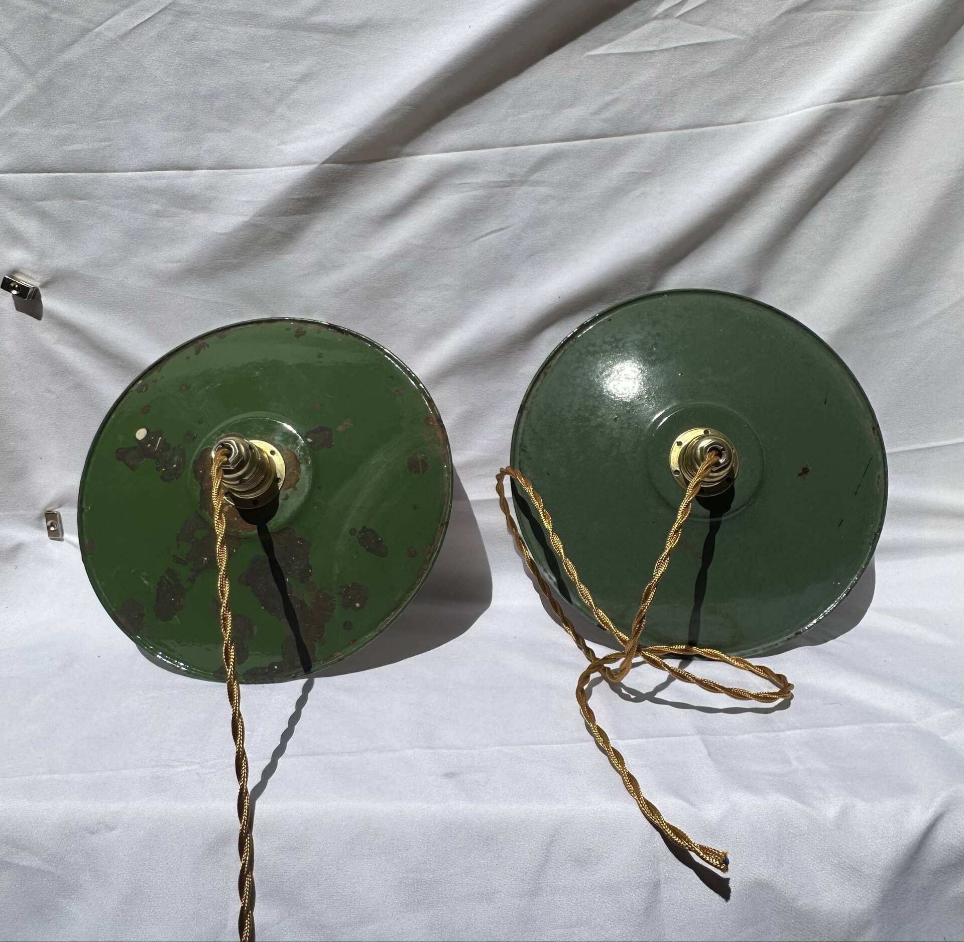 Old suspension pair in green and white enamelled sheet metal.