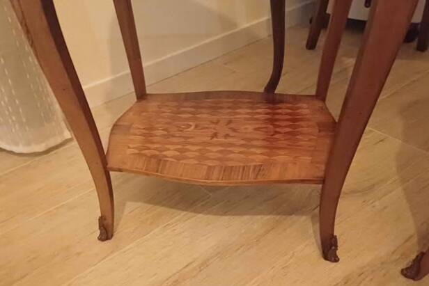 Pair of Louis XV style bedside tables with marquetry and bronze.