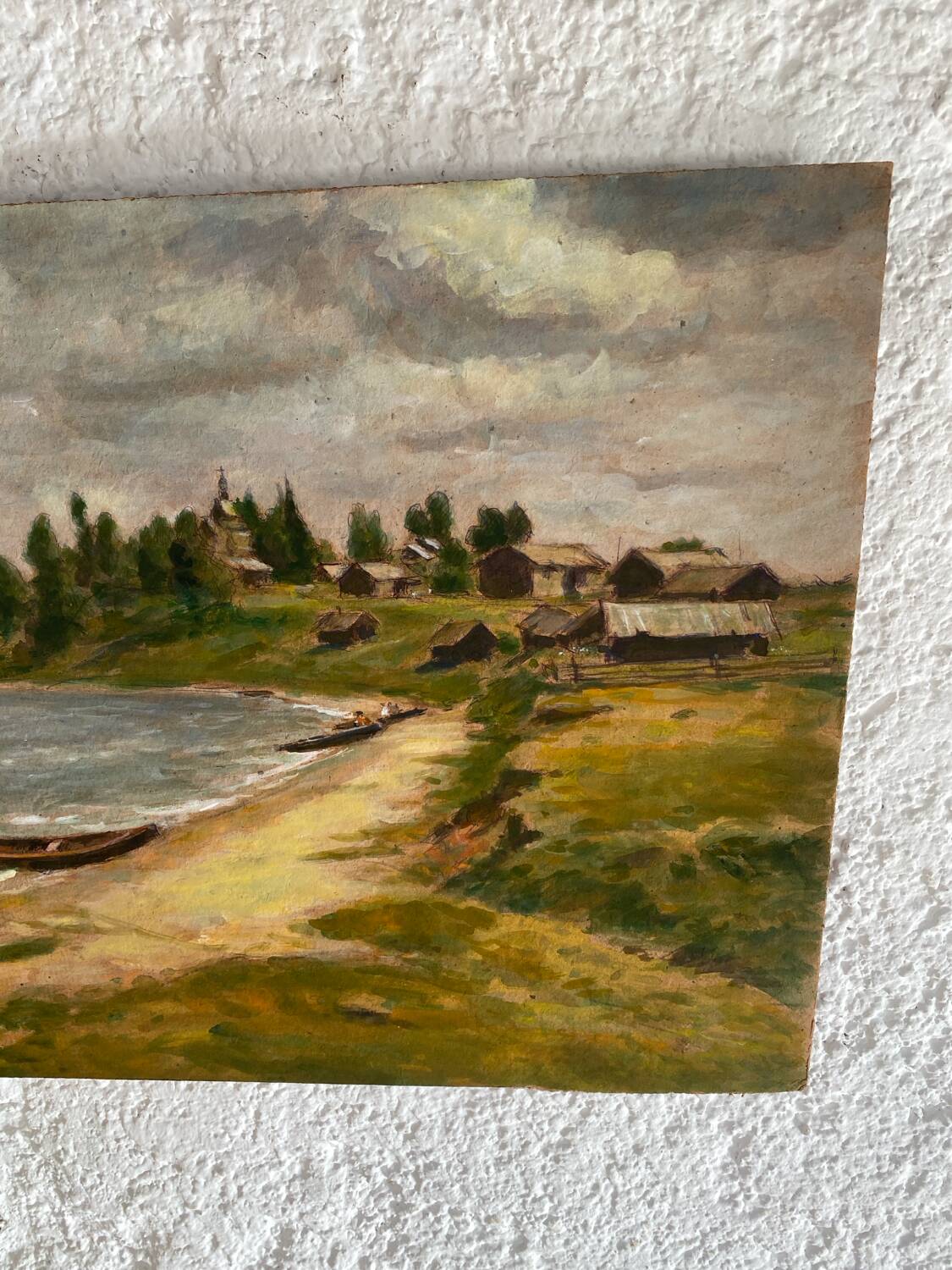 Gouache on panel “village by the water”