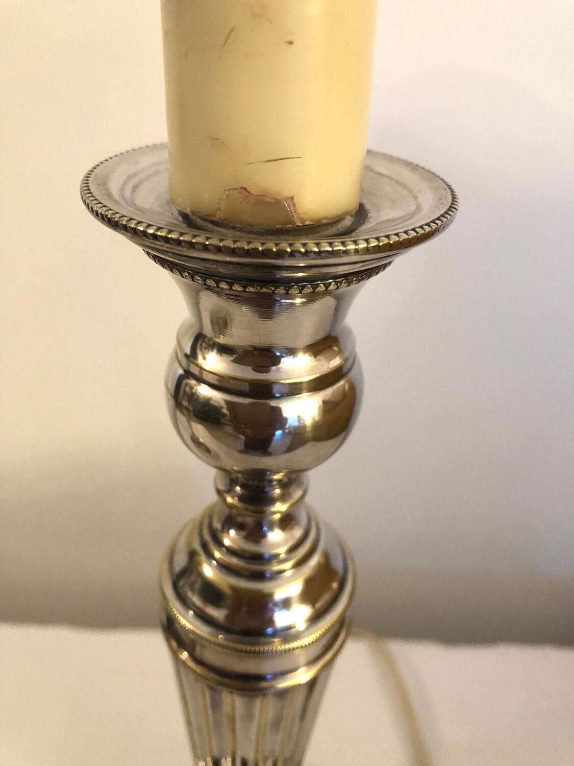 Pair of silver metal candle holder lamp bases
