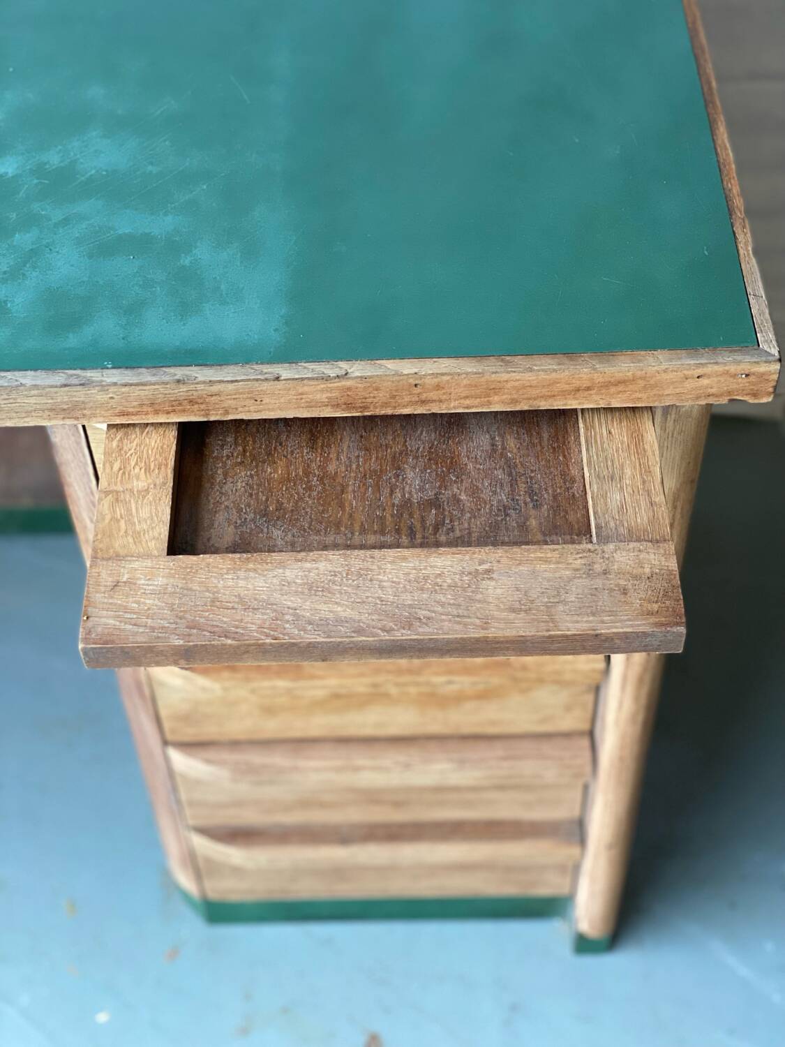 Vintage green Formica desk renovated in raw wood