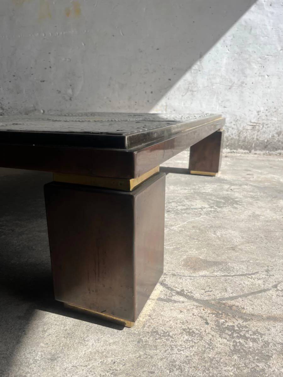 Grey ceramic mosaic top coffee table with dark wood base and brass accents, 1970s