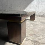Grey ceramic mosaic top coffee table with dark wood base and brass accents, 1970s
