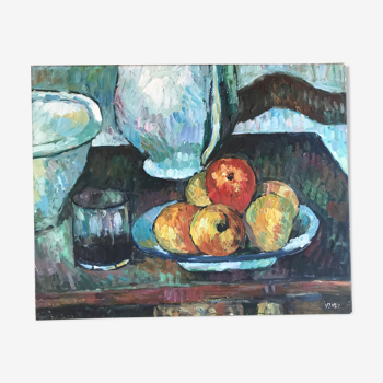 Tableau huile sur toile nature morte pommes