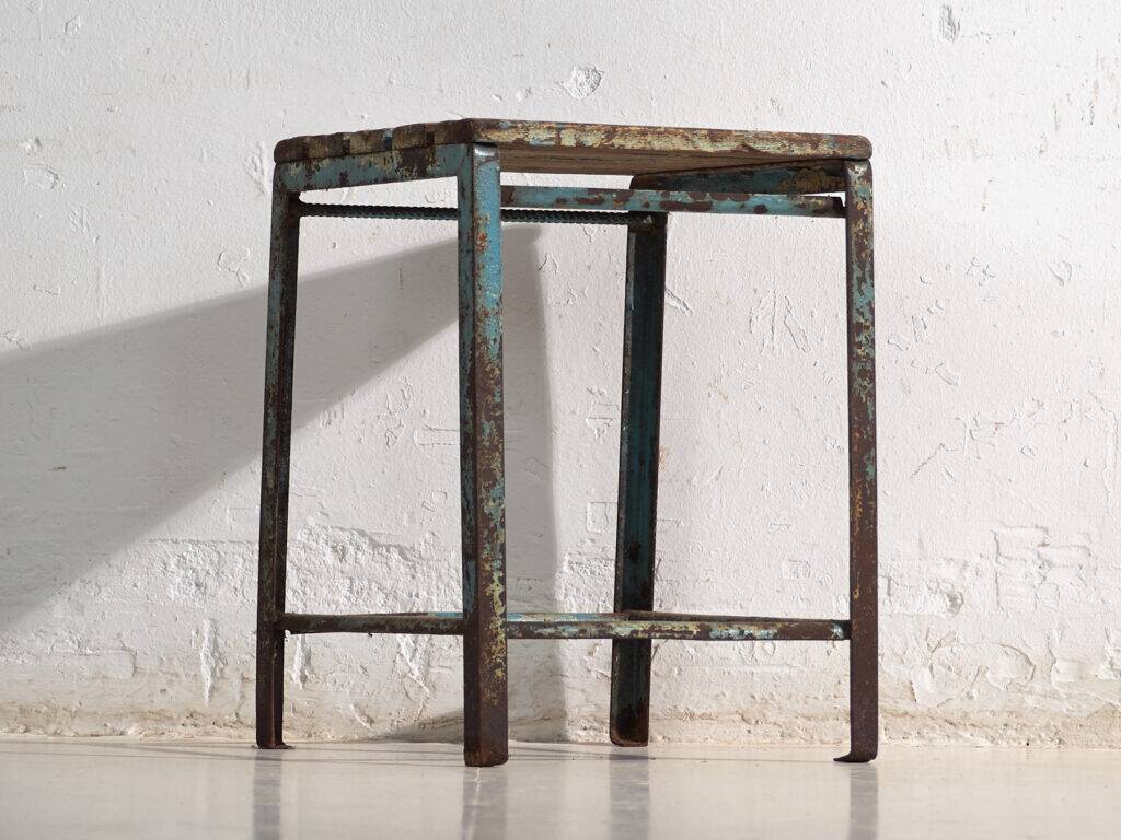 Vintage industrial stool made of pine wood and iron – Central Europe, around 1950