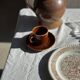 Set of 6 vintage brown glazed ceramic espresso cups with saucers.