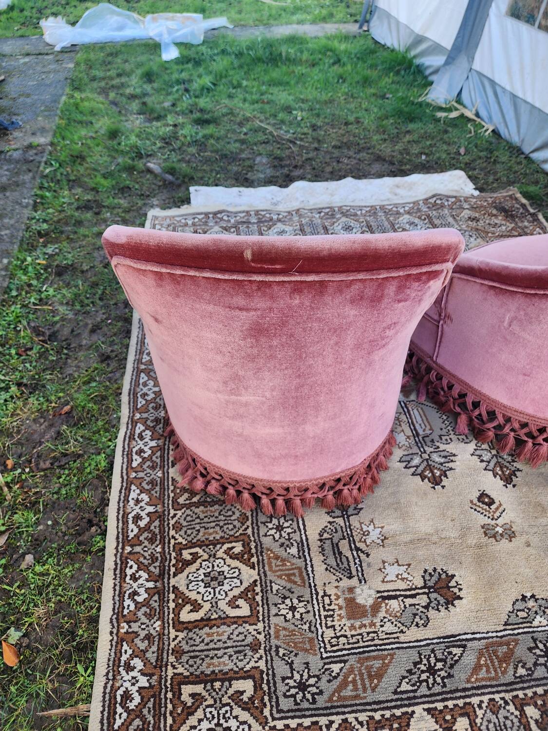 Pair of pink velvet toadstool armchairs