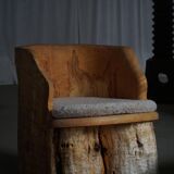 Chaise Brutaliste en Tronc Massif & Assise en Laine D'Agneau, Moderne Du Milieu Du Siècle Suédois, Années 1960