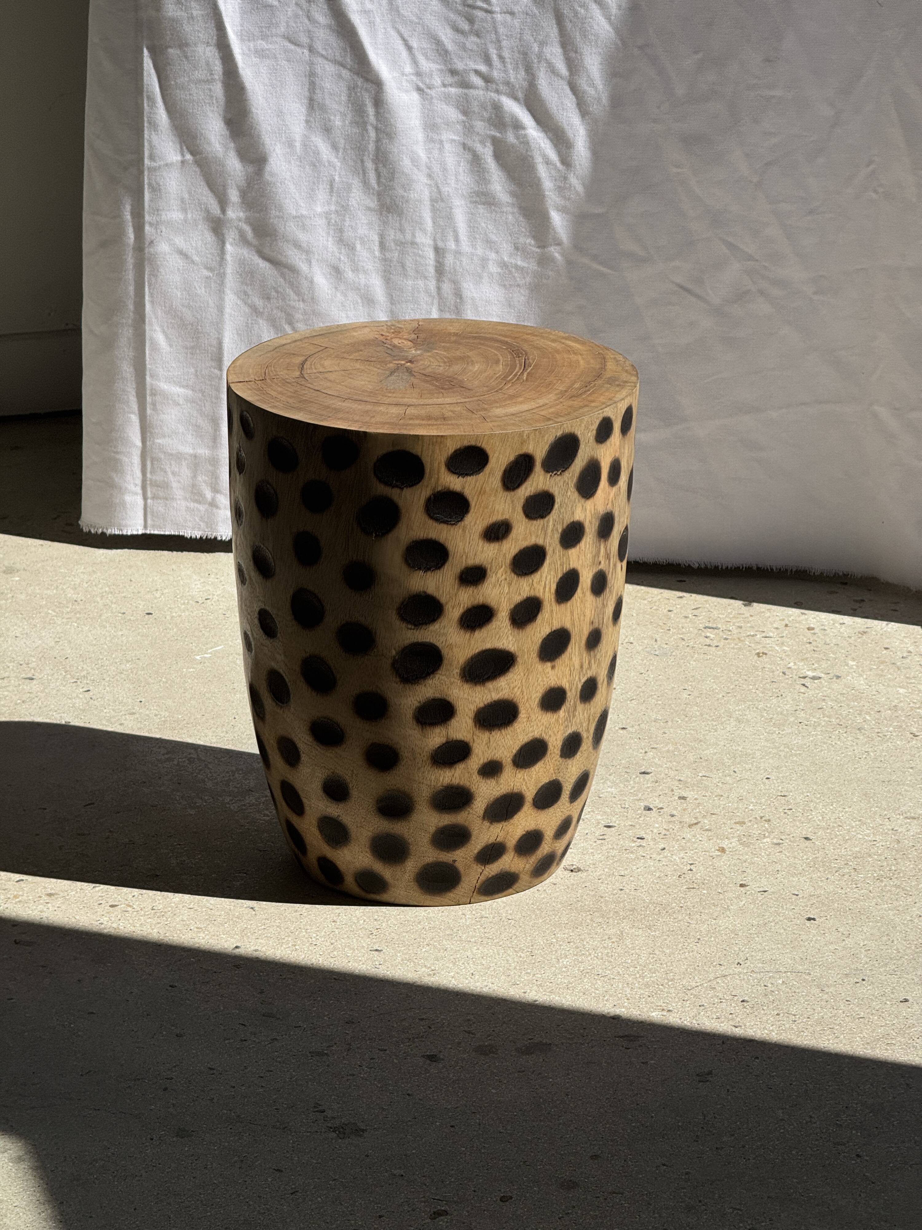 Stool, side table, cylindrical solid mango wood end table.