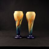 Paire de vase Art Déco en verre multicouche effet marmoréen abstrait coloré