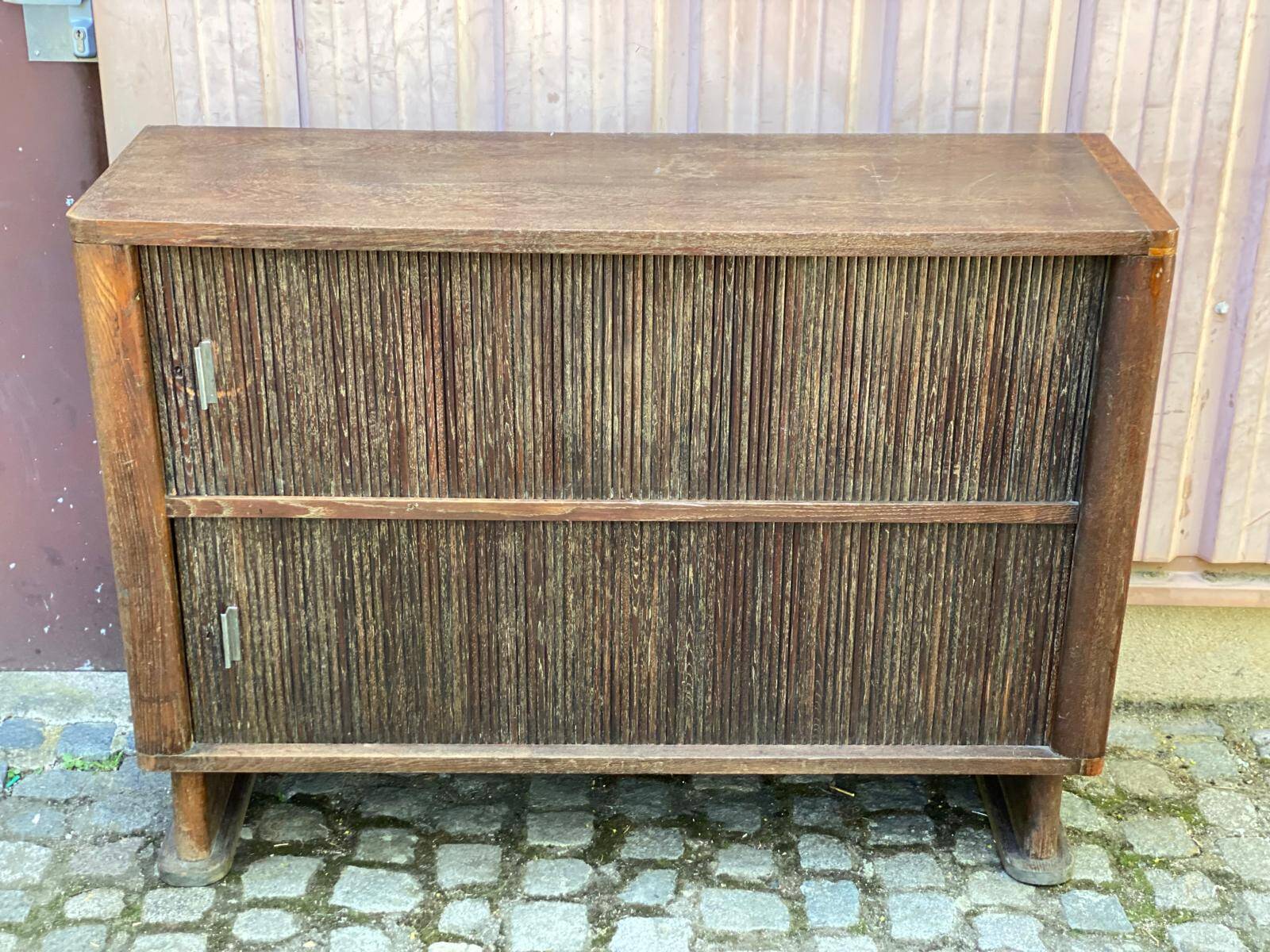 Vintage silk bank Lyonnais buffet with sliding wooden doors.