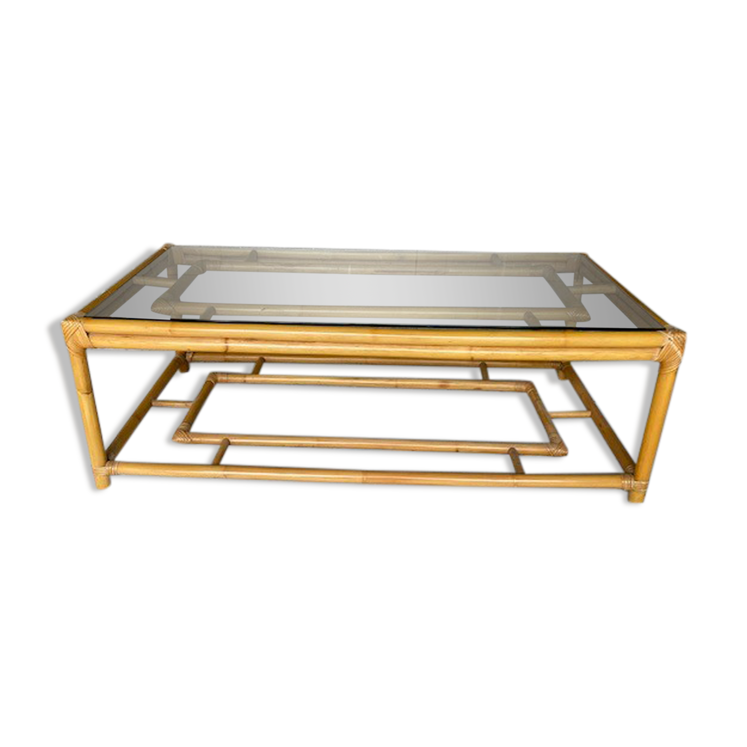 Rattan coffee table vintage glass top 1970