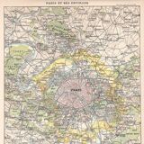 Old map of Paris and its surroundings late 19th century