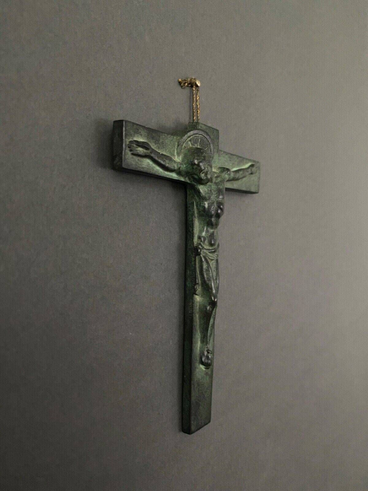20th century bronze crucifix with green patina in the style of the Haute Epoque