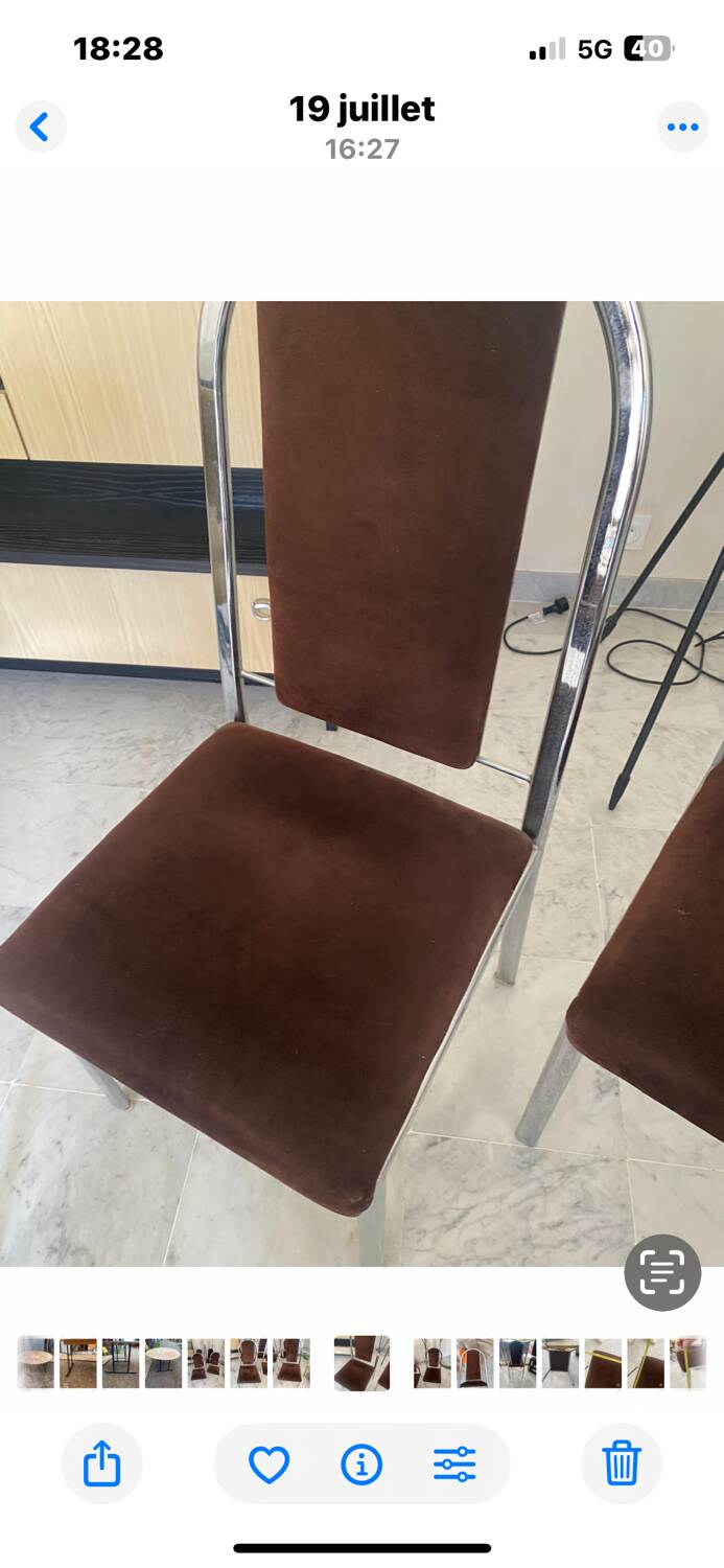 Quatre chaises chrome et velours ras marron design 70
