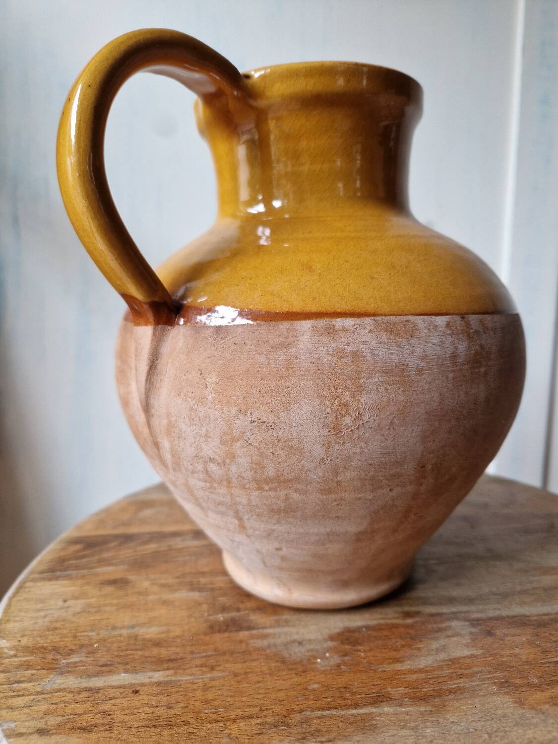 Antique glazed terracotta pitcher, brown semi-glazed jug, vase