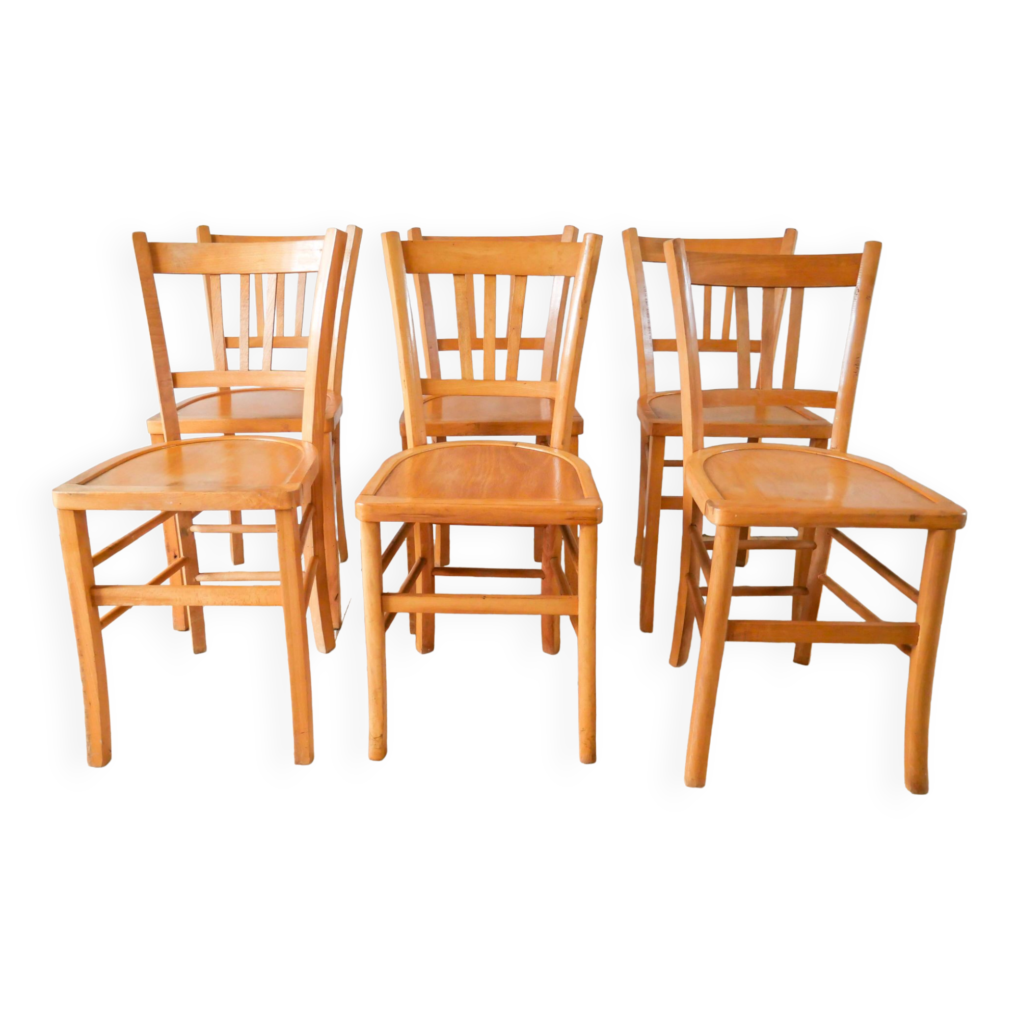 Set of 6 bistro chairs in blond wood luterma 1950