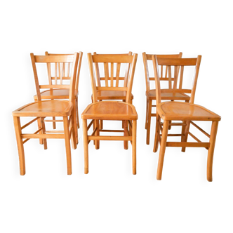 Ensemble de 6 chaises bistrot en bois blond luterma 1950