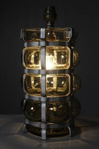 Vintage brutalist lamp with double lighting, blown glass in a cage, 20th-century design.