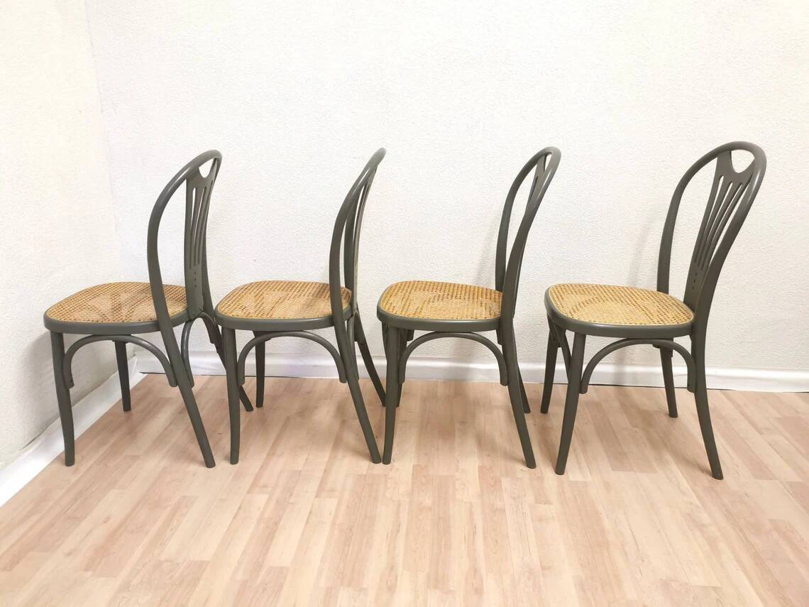 Set of 4 Vintage Gray Thonet Style Dining Chairs with Cane Seat