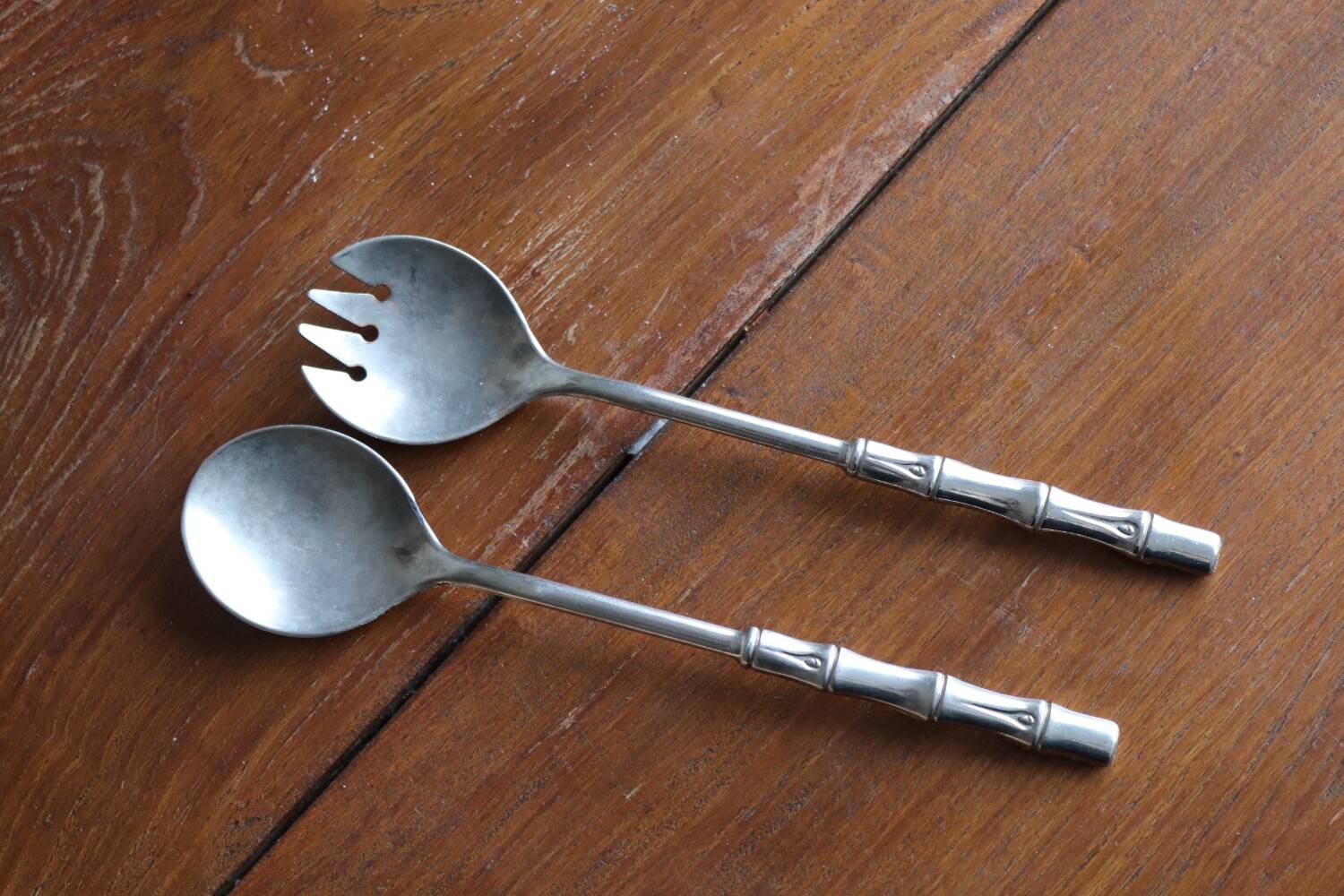 Silver salad servers, bamboo shape, vintage 1960