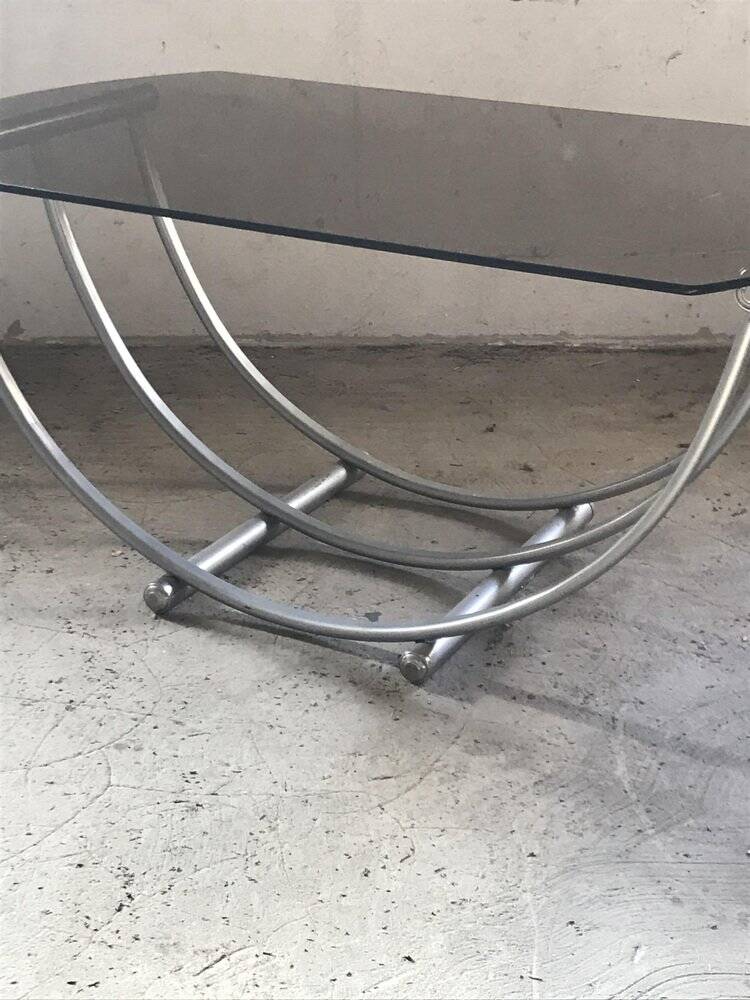 Bauhaus style coffee table in smoked glass and silver metal, Italy 1960s