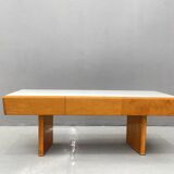 Console basse vintage en bois avec verre opalin, 1960