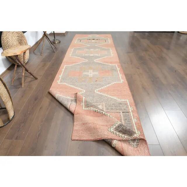 1970s Turkish Oushak Handmade Wool Cotton Orange Runner Rug 102x381