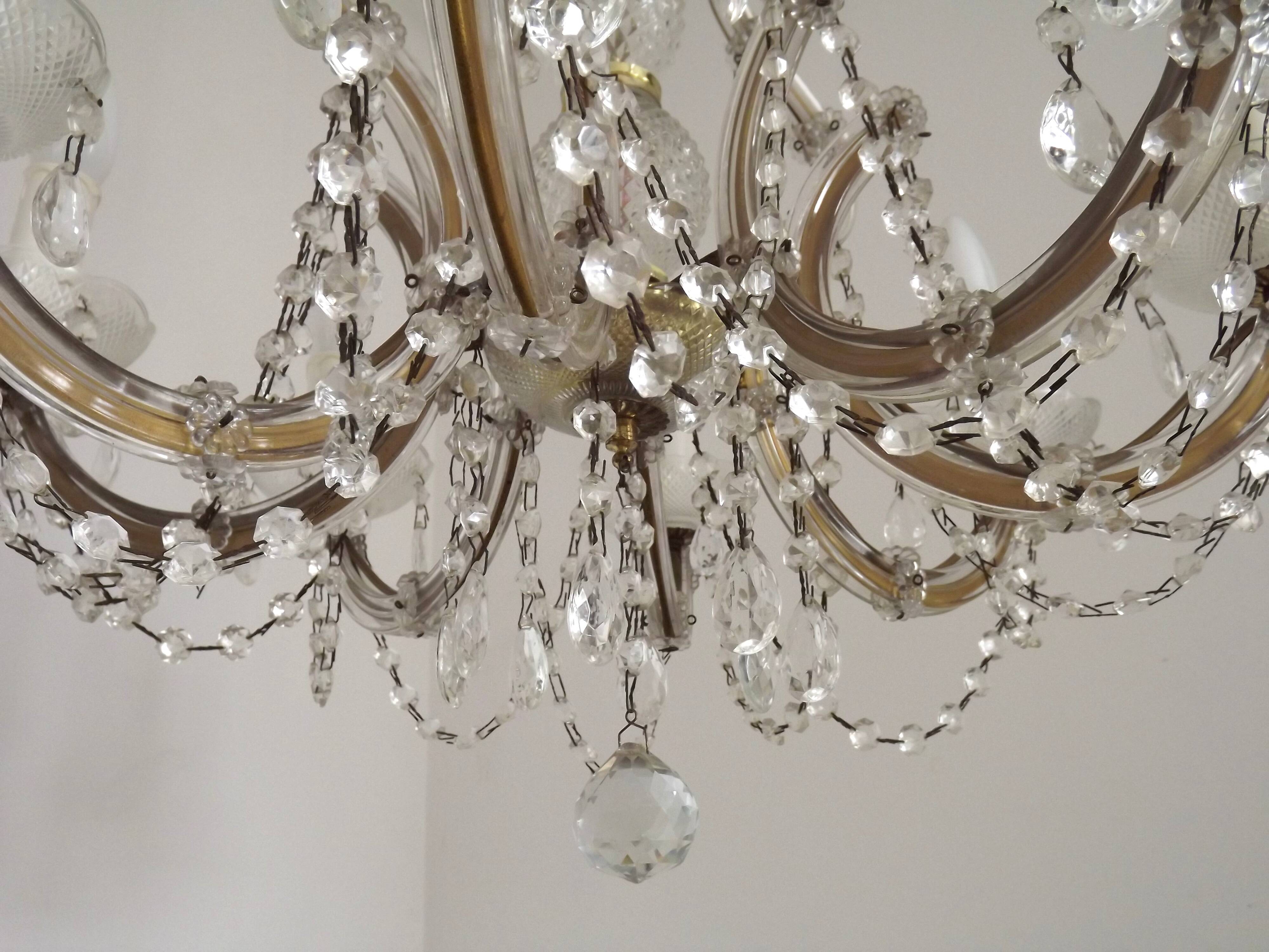 Mid-Century Brass Glass & Crystal Maria Theresa Style 8 Arm Chandelier 5446