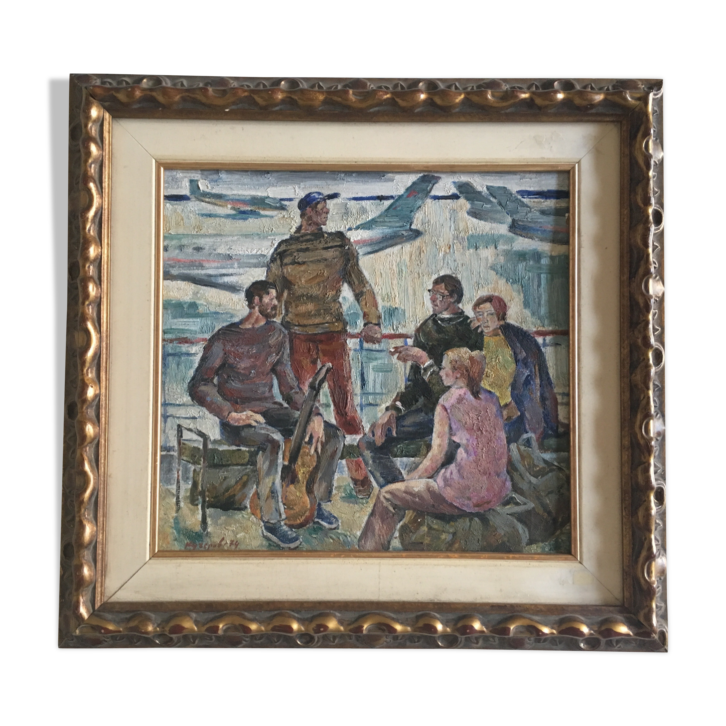 Interior scene with guitar at Kiev airport, USSR, oil travel 1974.