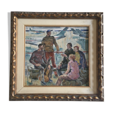 Interior scene with guitar at Kiev airport, USSR, oil travel 1974.