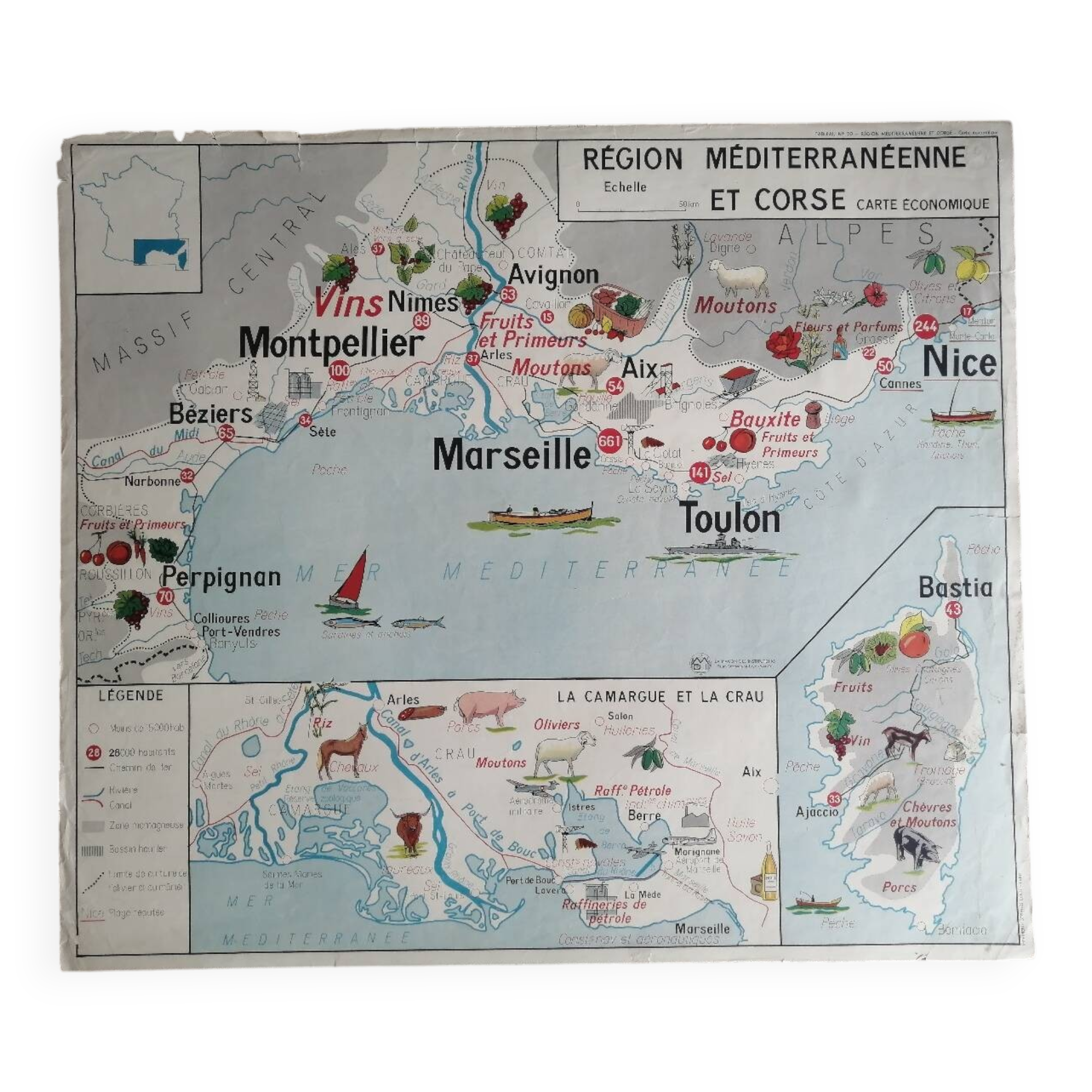 Vintage school map mdi FRANCE Corsica Massif Central