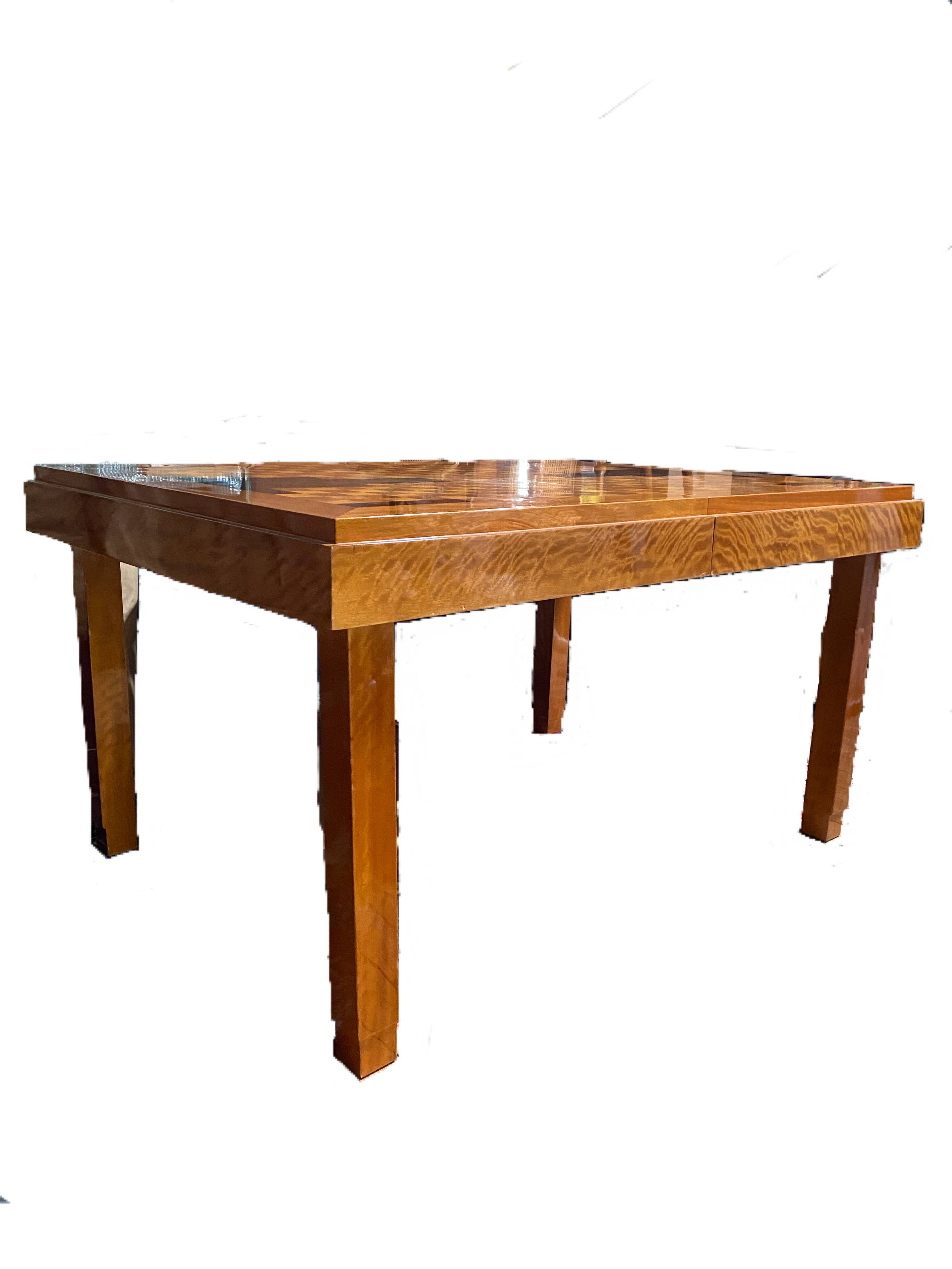 Restored art deco table in sycamore and rosewood 1.04mx1.43m +extensions l2.45m, 14 seats
