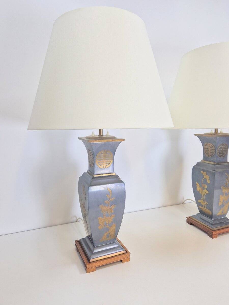 Vintage Asian Table Lamps in Pewter and Brass, 1950s, Set of 2